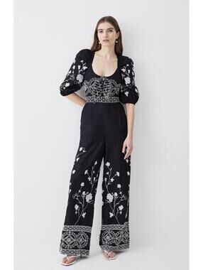 Karen Millen Floral Embroidered Woven Black/White Jumpsuit